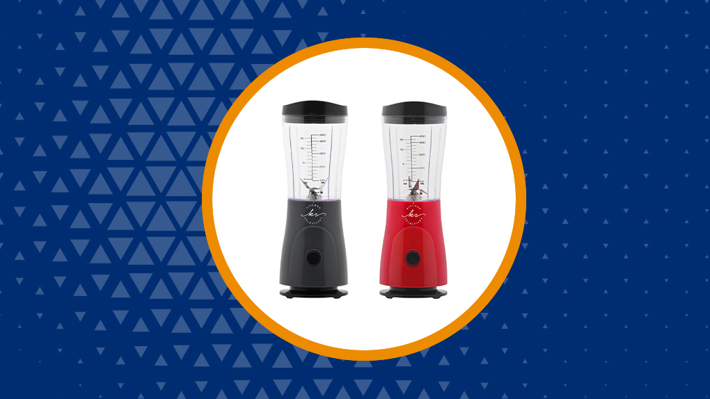 Digital graphic features a gift reward promotion in the form of two side by side blenders in a circle with a blue background