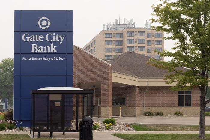 Exterior view of Gate City Bank’s location right on Broadway in north Fargo, ND