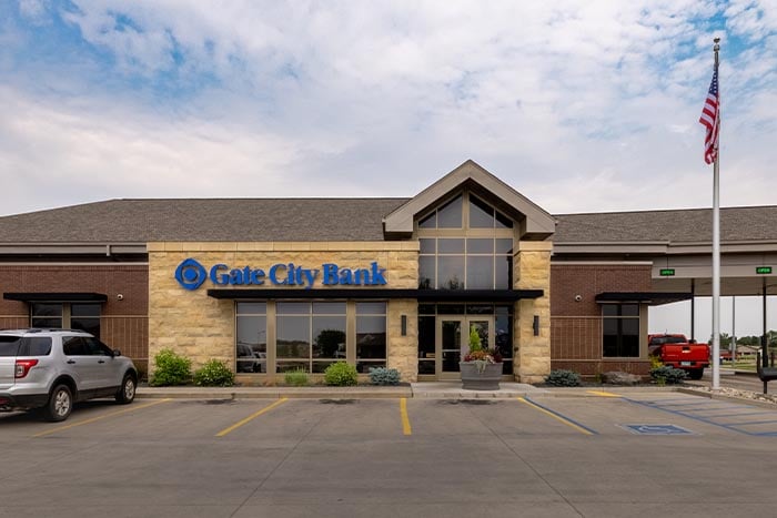 Welcoming entrance of Gate City Bank's Dakota Square location on 31st Avenue in Minot, ND