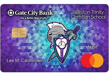 Example of Williston Trinity Christian School debit card from Gate City Bank