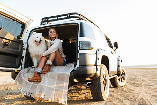 young woman with her Samoyed dog in the back of a Jeep, purchased with a Gate City Bank auto loan