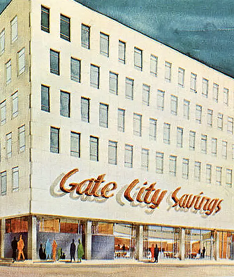 1930s color photo of Gate City Savings and Loan building in downtown Fargo North Dakota