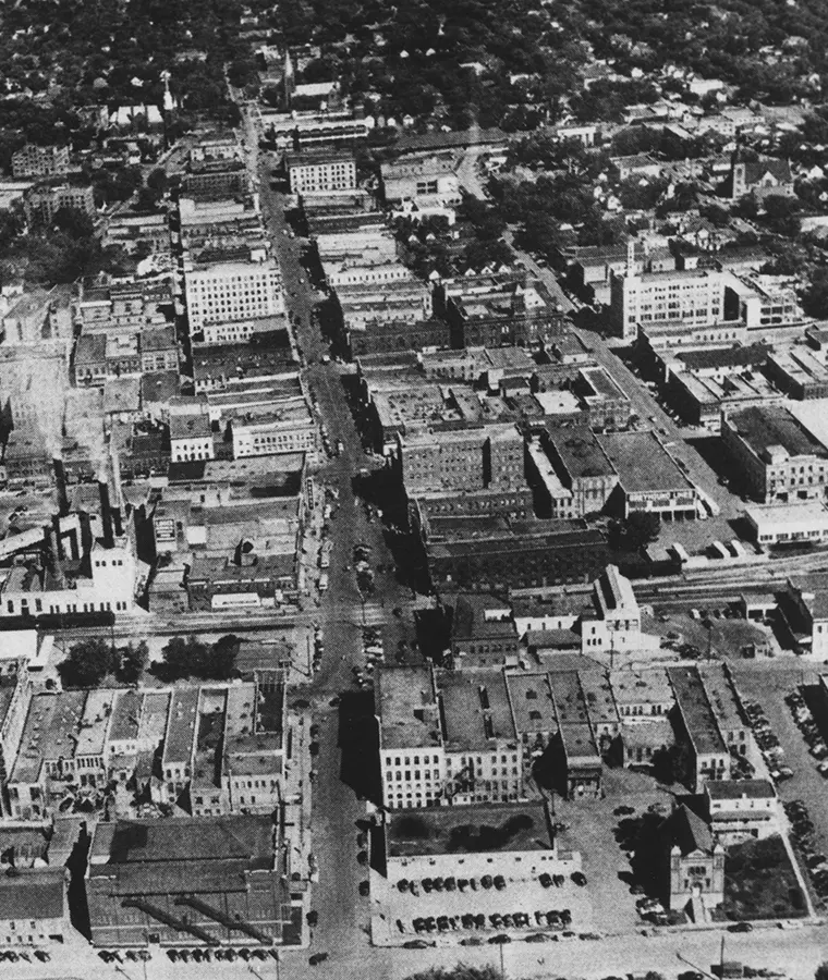 1950s black and white aerial photo of downtown Fargo North Dakota