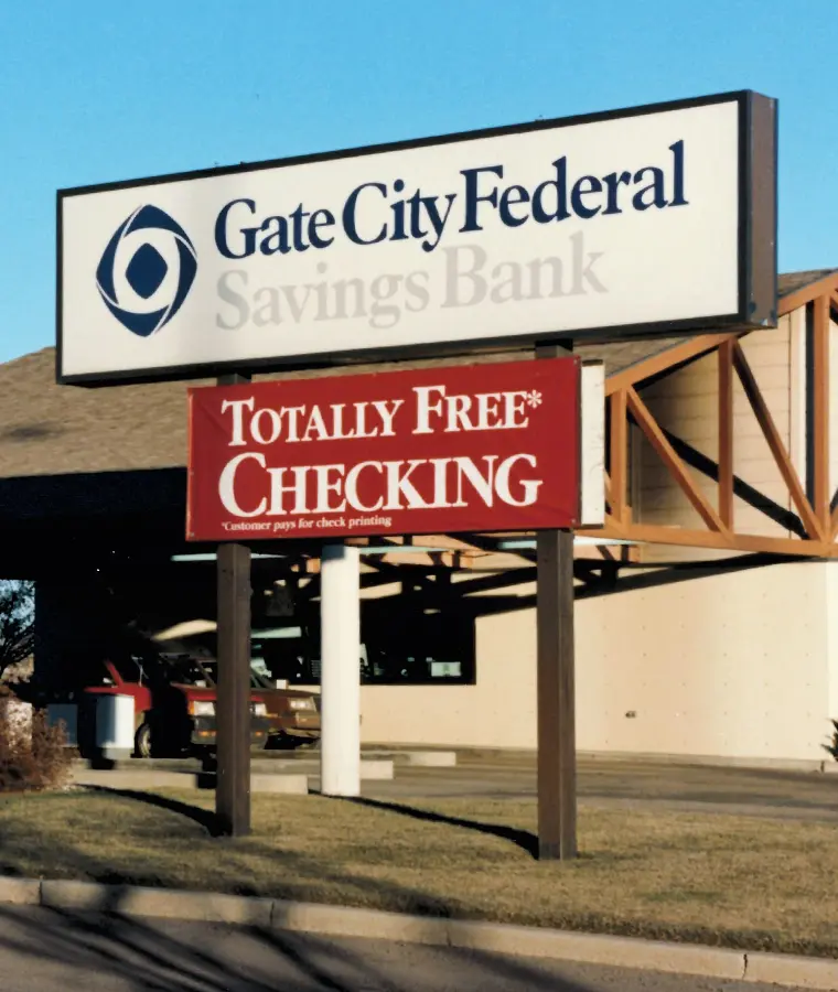 1980s color photo of outdoor Gate City Federal Savings Bank sign featuring Totally Free Checking